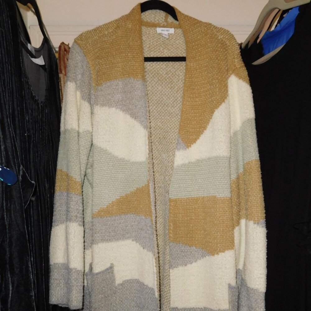 NWOT 3X NINE WEST SWEATER COAT POCKETS OPEN FRONT TAN BLUE WAVE PRINT COATIGAN